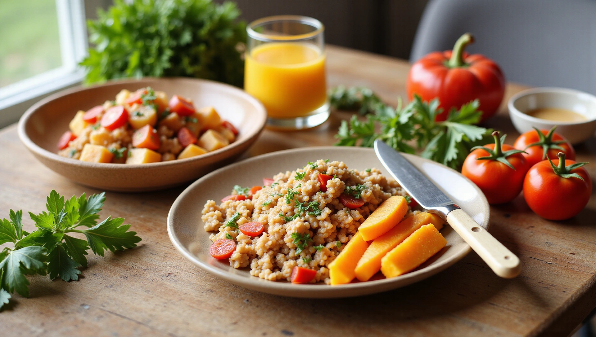 A vibrant, healthy meal spread on a wooden table, with fresh ingredients like fruits, vegetables, and whole grains, bathed in natural light.