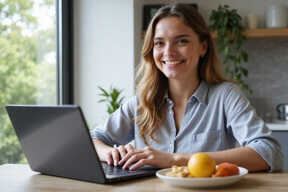 A person happily video calling with a nutritionist on a laptop, symbolizing online consultation.